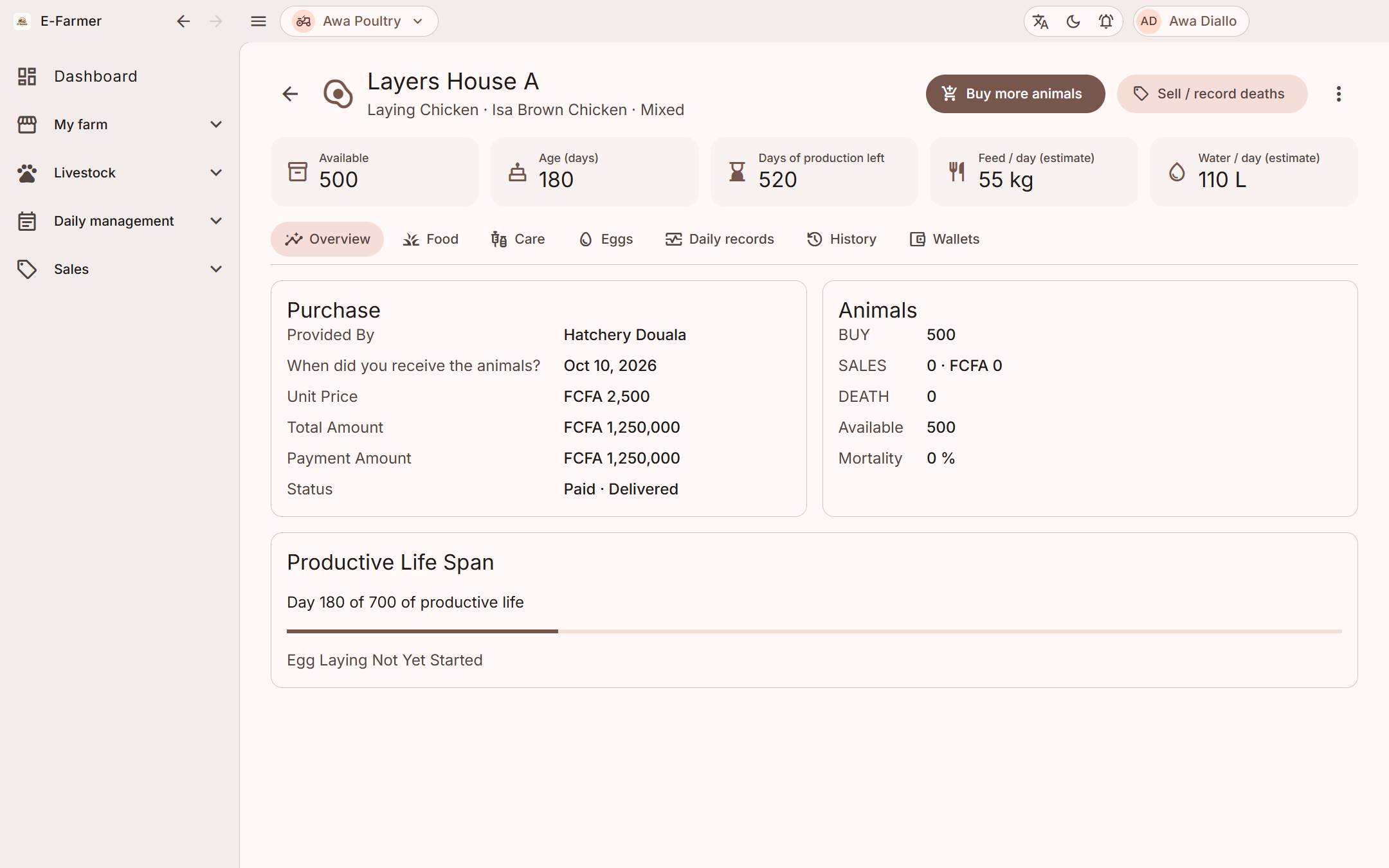 A flock’s page in the E-Farmer desktop app, with stock, age, feed and water estimates